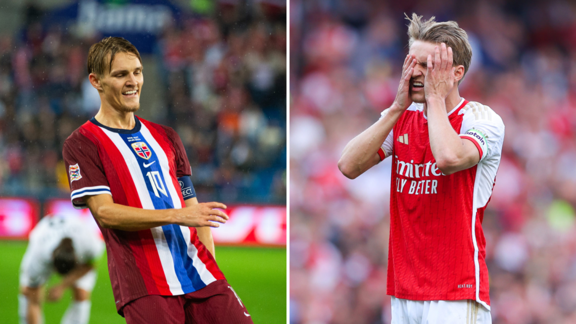 Split image (L) of Martin Odegaard looking happy in a Norway shirt alongside (R) Martin Odegaard looking dejected in an Arsenal shirt
