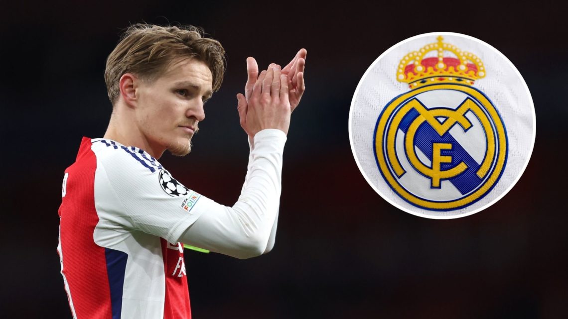 An image featuring Arsenal captain Martin Odegaard applauding and the Real Madrid badge.