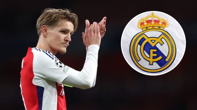 An image featuring Arsenal captain Martin Odegaard applauding and the Real Madrid badge.