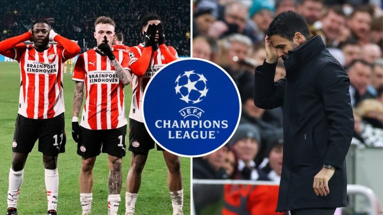 A split image featuring PSV Eindhoven players celebration, the Champions League logo and Arsenal manager Mikel Arteta.