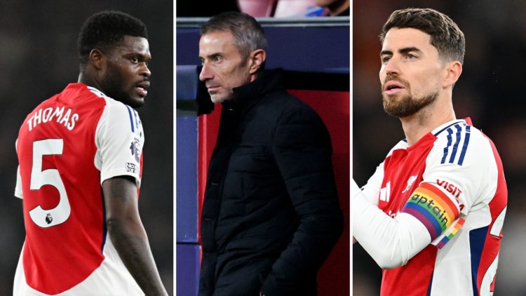 A split image featuring Arsenal players Thomas Partey and Jorginho alongside sporting director Andrea Berta.