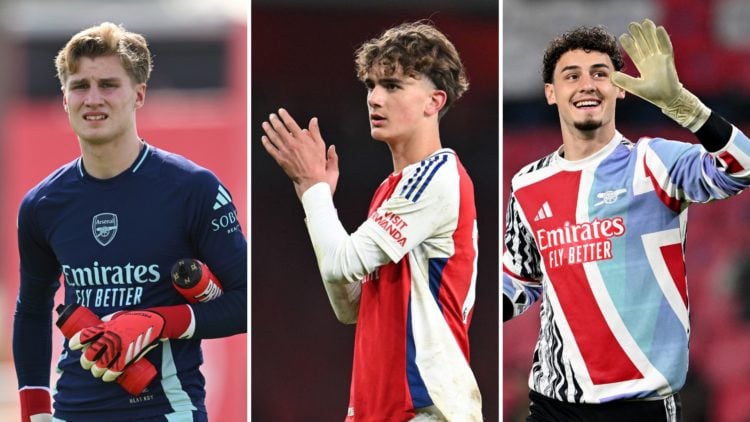 A split image featuring Arsenal academy players Jack Porter, Max Dowman and Tommy Setford.