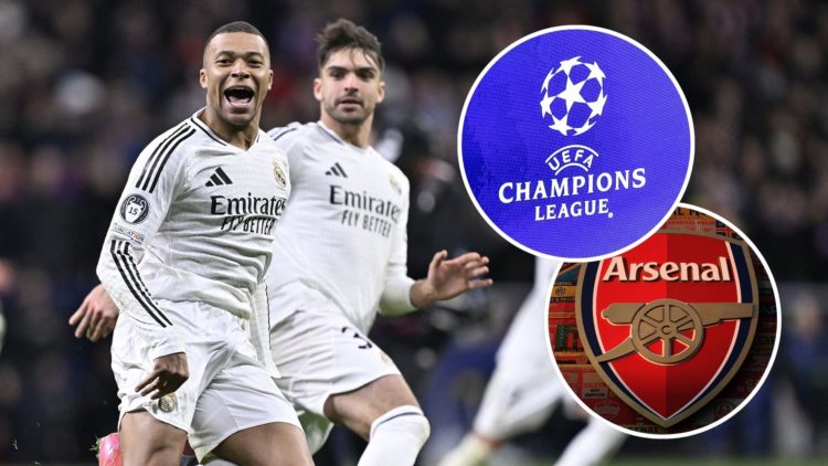An image featuring Kylian Mbappe, the UEFA logo and the Arsenal badge