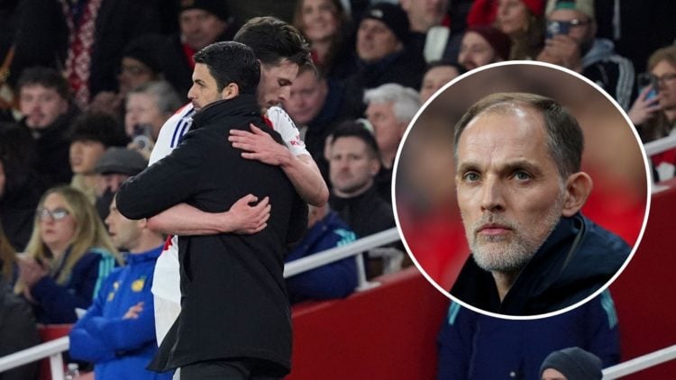 Mikel Arteta of Arsenal, Declan Rice of Arsenal during the UEFA Champions League match between Arsenal v PSV at The Emirates. Inset, Head Coach Tho...