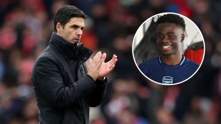 A split image with Arsenal manager Mikel Arteta and winger Bukayo Saka.