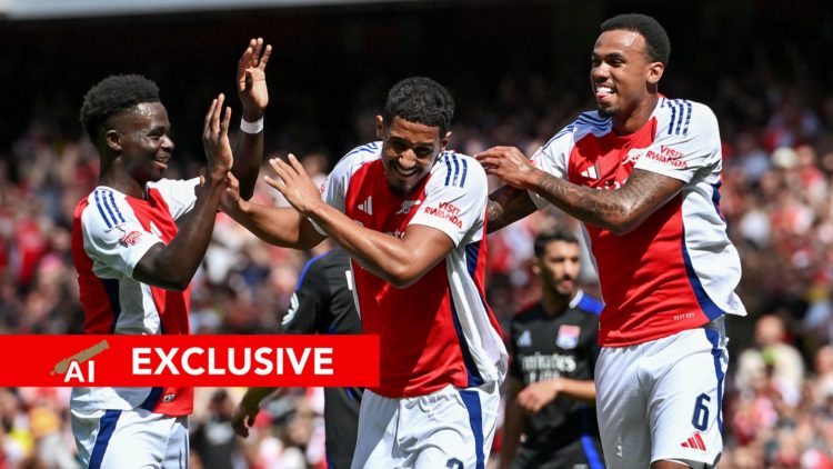 An image featuring Arsenal stars Bukayo Saka, William Saliba and Gabriel Magalhaes all celebrating.
