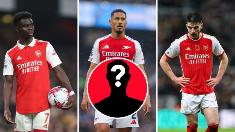 Three-way split image of Arsenal stars (L) Bukayo Saka, (M) William Saliba, and (R) Declan Rice all looking dejected with a central circular inset ...