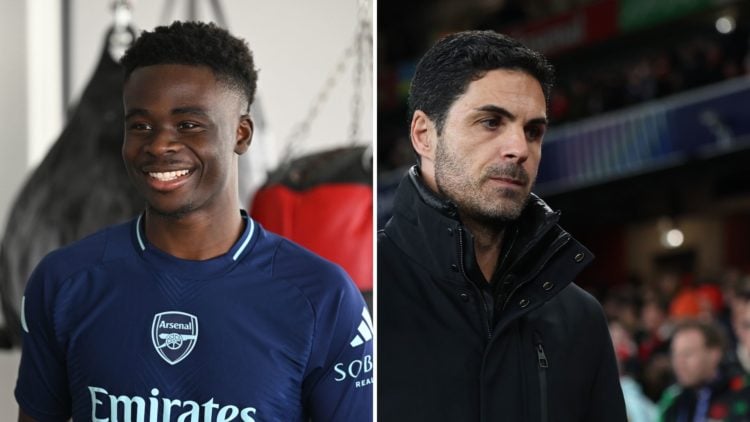 Split Image of: Arsenal manager Mikel Arteta during the UEFA Champions League 2024/25 UEFA Champions League 2024/25 Round of 16 Second Leg match be...