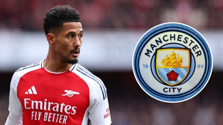 William Saliba of Arsenal during the Premier League match between Arsenal FC and Chelsea FC. Inset, the Manchester City badge.