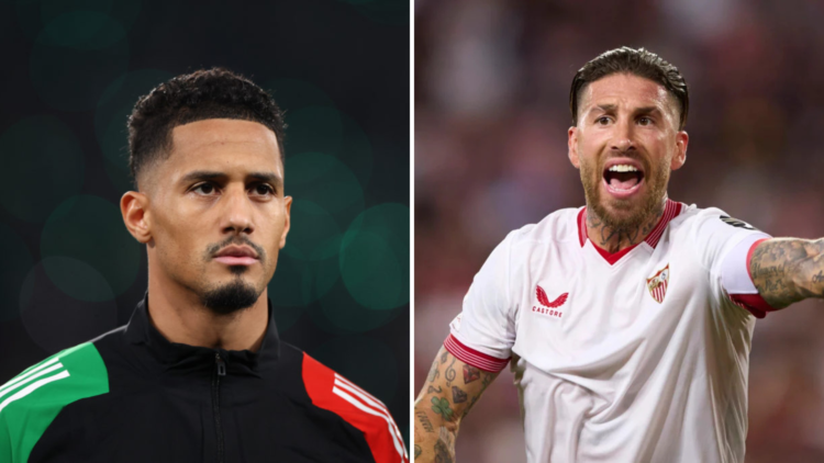 Split image of (L) Arsenal's William Saliba before a Champions League game and (R) Sergio Ramos reacting during a game for Sevilla