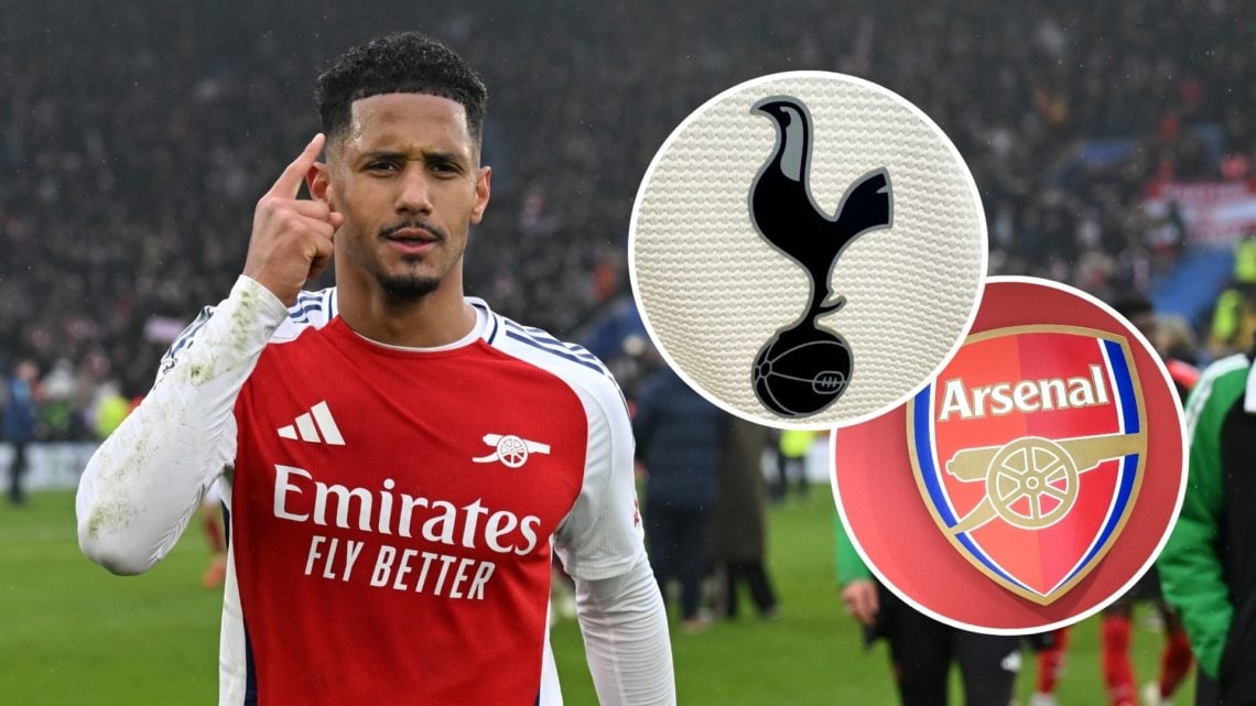 An image featuring William Saliba, the Tottenham badge and Arsenal crest.