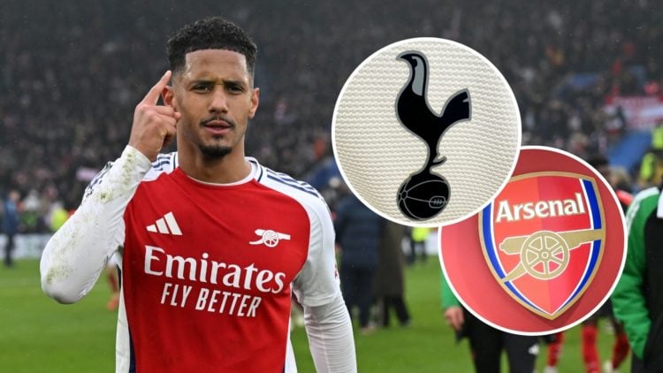 An image featuring William Saliba, the Tottenham badge and Arsenal crest.