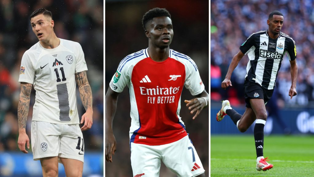 Three way split of Benjamin Sesko of Slovenia during the UEFA Nations league match, Bukayo Saka of Arsenal running during the Carabao Cup Quarter Final and Alexander Isak of Newcastle United in action during the Carabao Cup Final.