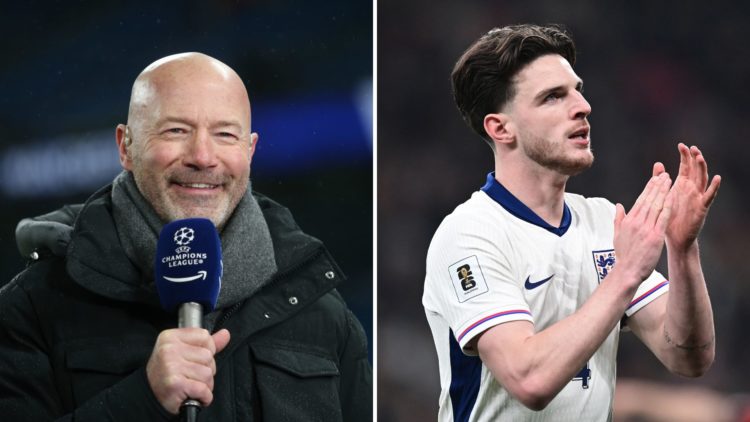 Split image of Alan Shearer on TV Commentator on Amazon Prime TV during the UEFA Champions League 2024/25 League Knockout Play-off and Declan Rice ...