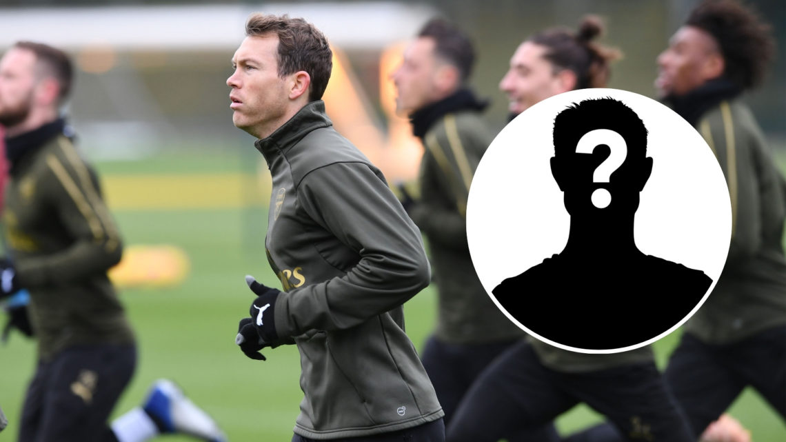 Stephan Lichtsteiner training with Arsenal, with an inset of a mystery player silhouette.