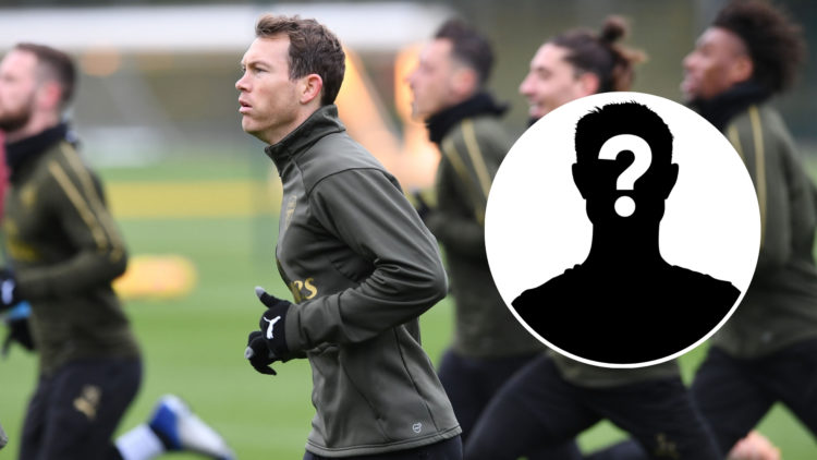 Stephan Lichtsteiner training with Arsenal, with an inset of a mystery player silhouette.