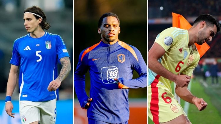 Riccardo Calafiori in Italy v Germany in Nations League, Jurrien Timber in Netherlands training and Mikel Merino in Netherlands v Spain in Nations ...