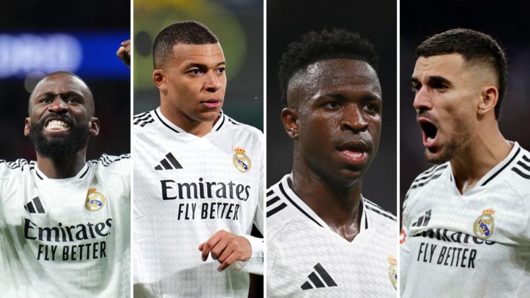 Four-way split image of Real Madrid stars (far left) Antonio Rudiger, (central left) Kylian Mbappe, (central right) Vinicius Junior and (far right)...