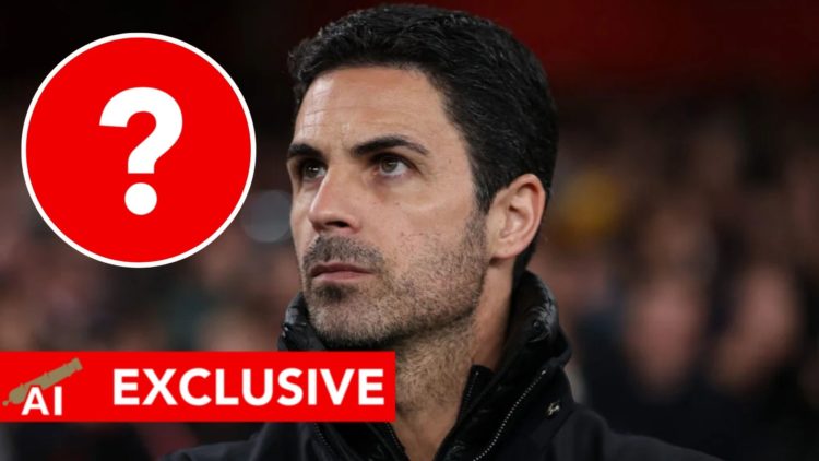 Mikel Arteta with a circular inset of a red question mark and the AI Exclusive banner.