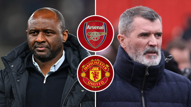 Patrick Vieira watches on before a Serie A match, while Roy Keane looks on ahead of an Emirates FA Cup fixture. Two central insets display the Arse...