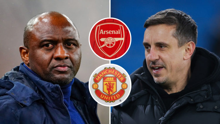 Patrick Vieira looks ahead during a Serie A match, while Gary Neville watches on during a Barclays Women's Super League match at Etihad Stadium. Tw...