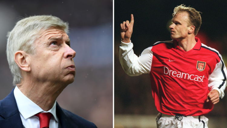 Split Image of (L) Arsene Wenger looking upwards next to (R) Dennis Bergkamp celebrating after scoring for Arsenal