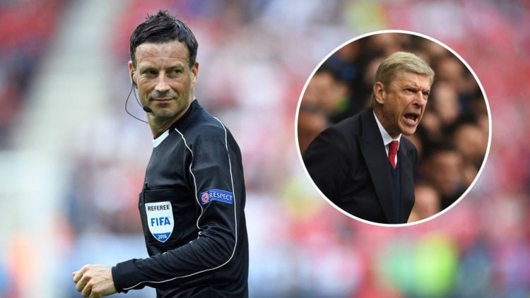 An image of referee Mark Clattenburg looking on as Arsene Wenger fumes during an Arsenal match.