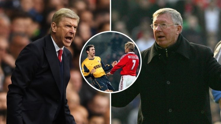An image featuring Arsene Wenger, Sir Alex Ferguson and a fight between Arsenal and Manchester United players.