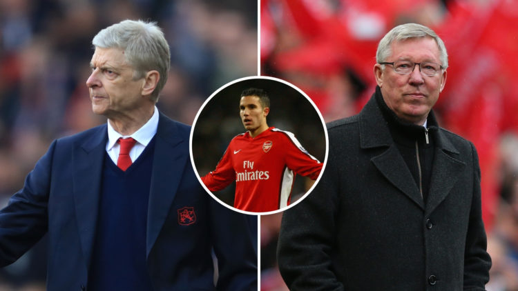 Split image of Sir Alex Ferguson prior to a Barclays Premier League match and Arsene Wenger during a Premier League match with an inset of Robin Va...