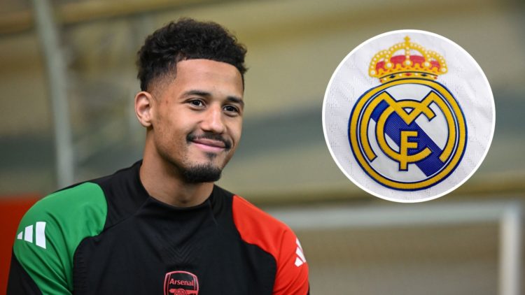 A split image featuring Arsenal defender William Saliba and the Real Madrid badge.