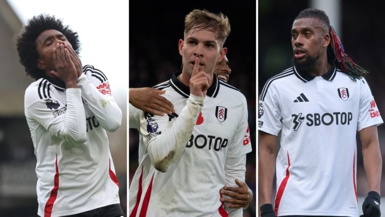 A split image featuring Fulham trio Willian, Emile Smith Rowe and Alex Iwobi.