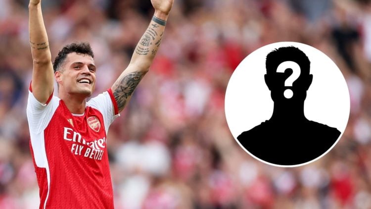 Image of Granit Xhaka of Arsenal FC celebrating after scoring his team's second goal during the Premier League match against Wolverhampton Wanderer...
