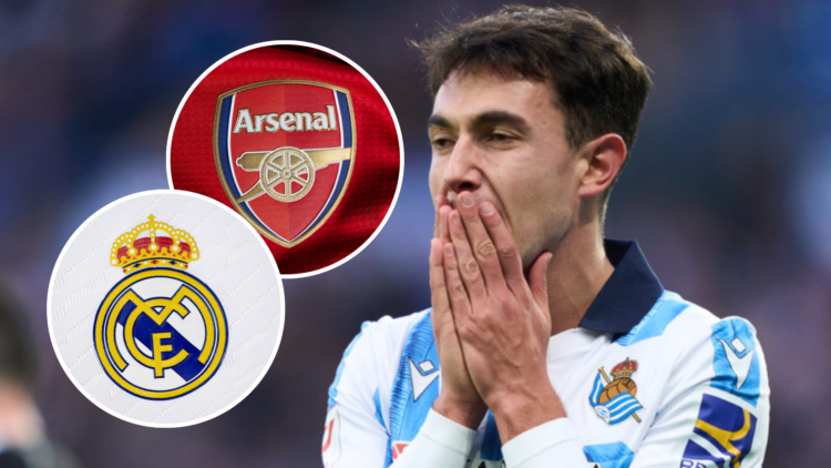An Image of Real Socidad's Martin Zubimendi looking distressed with two insets of the Arsenal and Real Madrid badges
