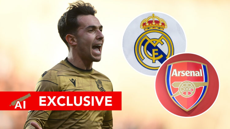 An image of Martin Zubimendi, with two insets: one featuring the Real Madrid badge and the other featuring the Arsenal badge.