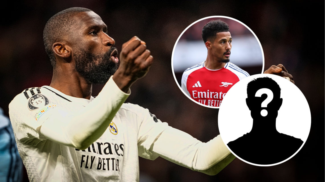 Antonio Rüdiger of Real Madrid celebrates after winning the penalties in a UEFA Champions League match, with an inset of William Saliba and a myste...