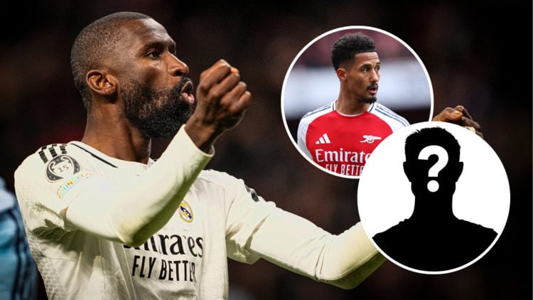 Antonio Rüdiger of Real Madrid celebrates after winning the penalties in a UEFA Champions League match, with an inset of William Saliba and a myste...