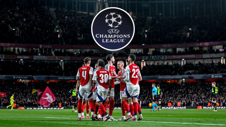 Players of Arsenal celebrate the goal of Arsenal midfielder Declan Rice vs PSV, with an inset of the Champions League logo above them in the centre.