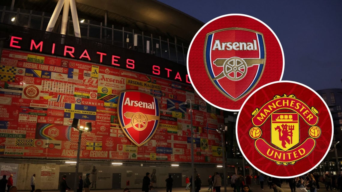 A general view of the Emirates Stadium, with two insets featuring the Arsenal and Manchester United badges.