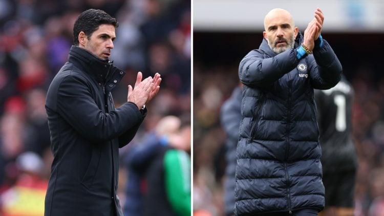 Split image of Arteta applauding the fans (left) and Maresca applauding the fans (right) after full-time at Arsenal vs Chelsea.