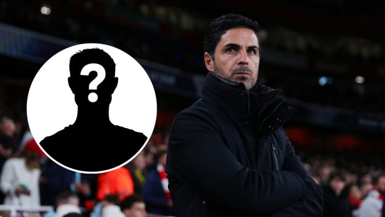 Mikel Arteta looks on during a match, with an inset of a mystery player silhouette.