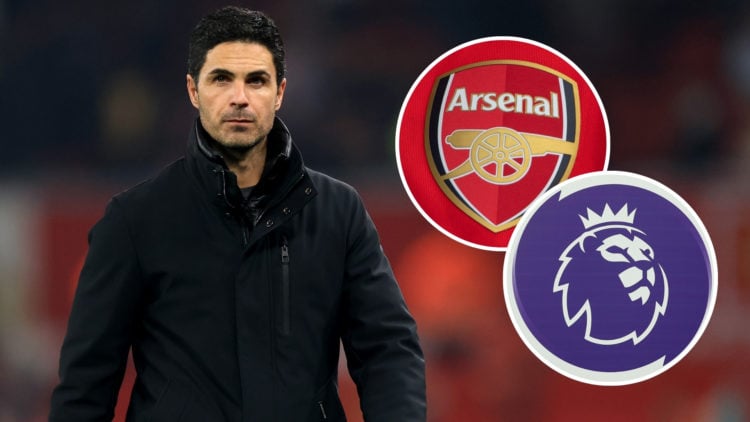 An image of Mikel Arteta, Manager of Arsenal, acknowledging the fans after a draw in a Premier League match, with two insets: the Arsenal badge and...