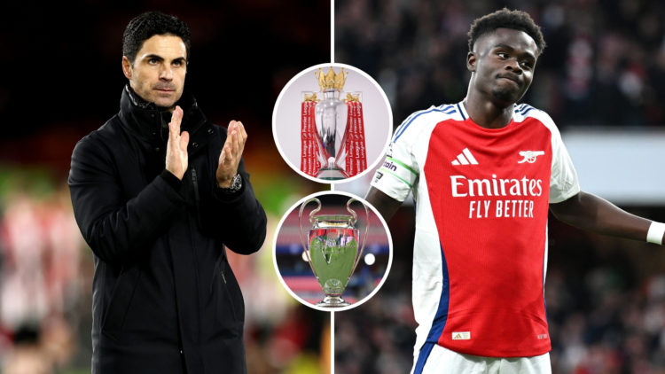 An image featuring a split of Mikel Arteta (left) and Bukayo Saka (right), with two central insets: one of the Premier League trophy and the other ...
