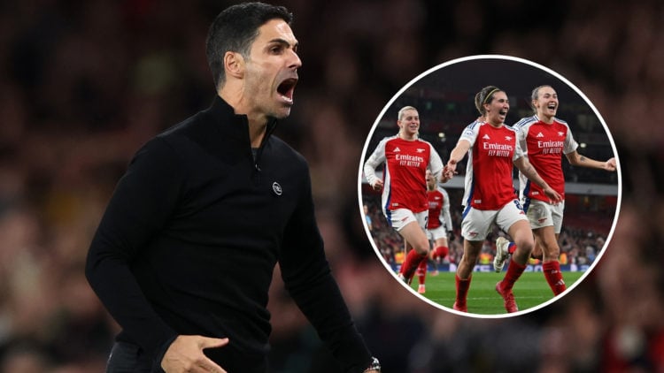 Mikel Arteta, with an inset of Arsenal Women celebrating against Real Madrid from last night's Champions League quarter-final.