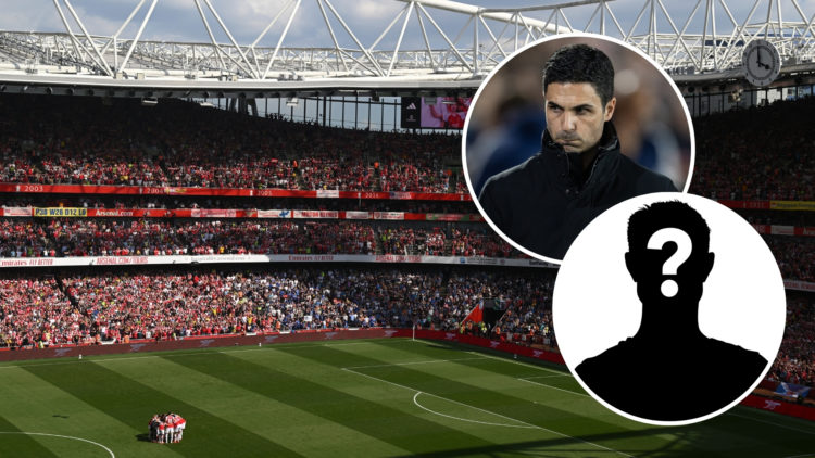 Emirates Stadium background image with two insets featuring Mikel Arteta looking worried and a mystery player silhouette.
