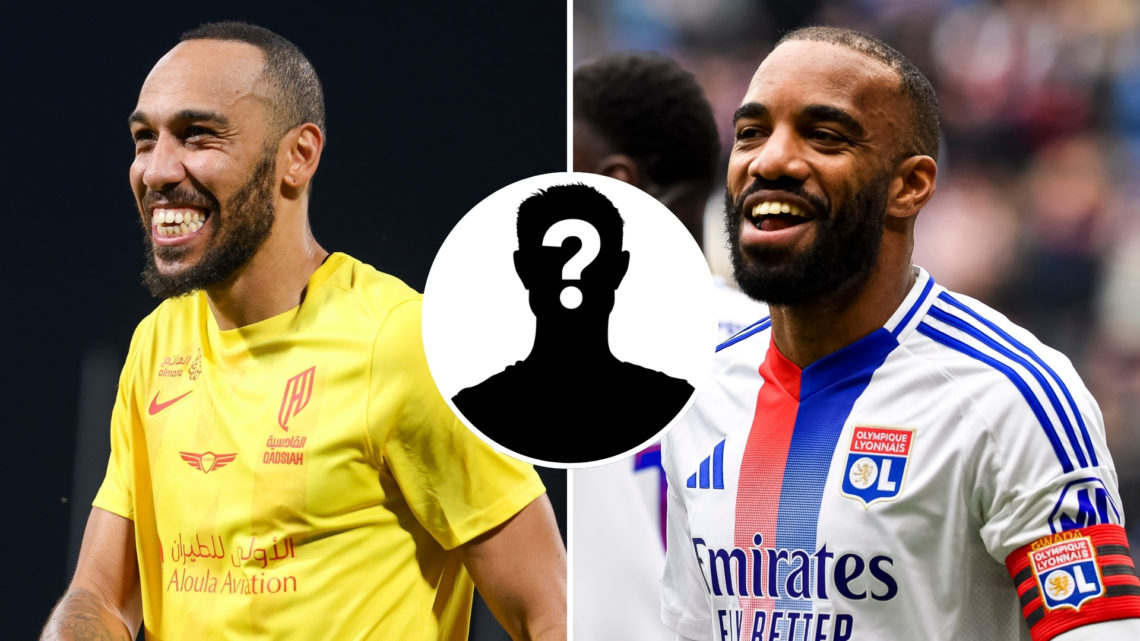 Split image of Aubameyang (left) and Lacazette (right), with a central inset of a mystery player silhouette.