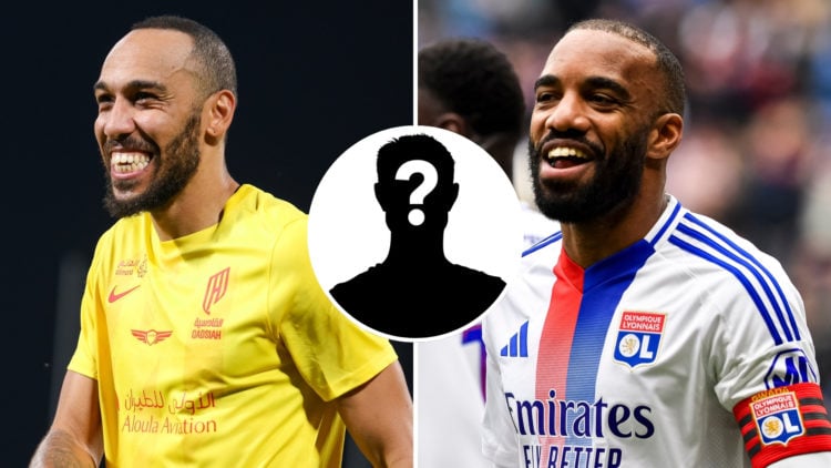 Split image of Aubameyang (left) and Lacazette (right), with a central inset of a mystery player silhouette.