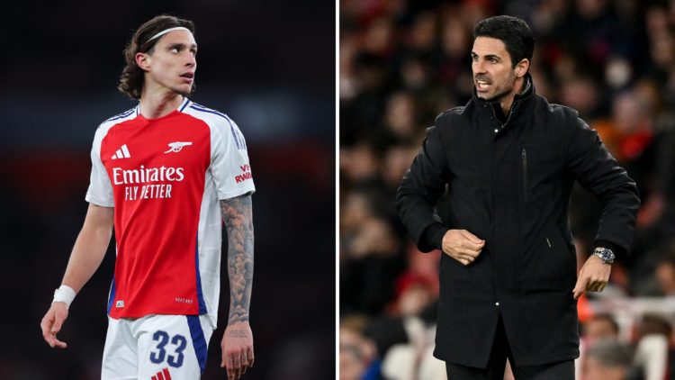 Split image of Riccardo Calafiori of Arsenal during the UEFA Champions League (left) and Mikel Arteta during the UEFA Champions League (right).