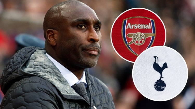 Sol Campbell looking on, with two insets featuring the Arsenal and Spurs badges.
