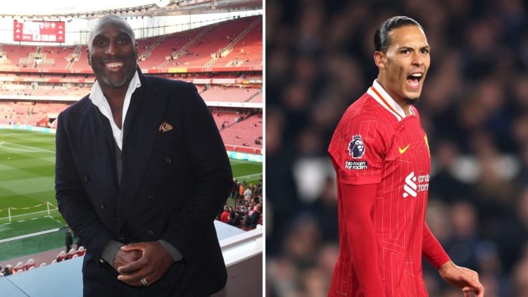 Split image of Sol Campbell at Emirates Stadium (left) and Virgil van Dijk in a Premier League match (right).