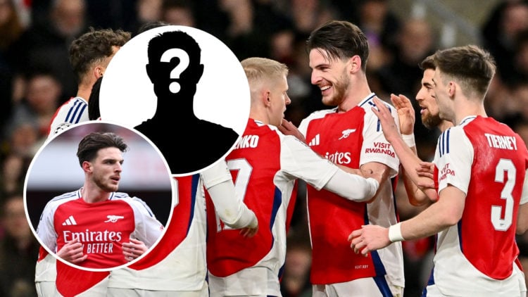 Declan Rice, along with several other Arsenal teammates celebrating, with two insets: one of Rice alone and one featuring a mystery player silhouette.